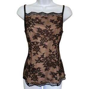Vintage 90s Y2k Goth Boho BCBG Black Tan Mesh Lace Square Neck Tank Cami Size 4